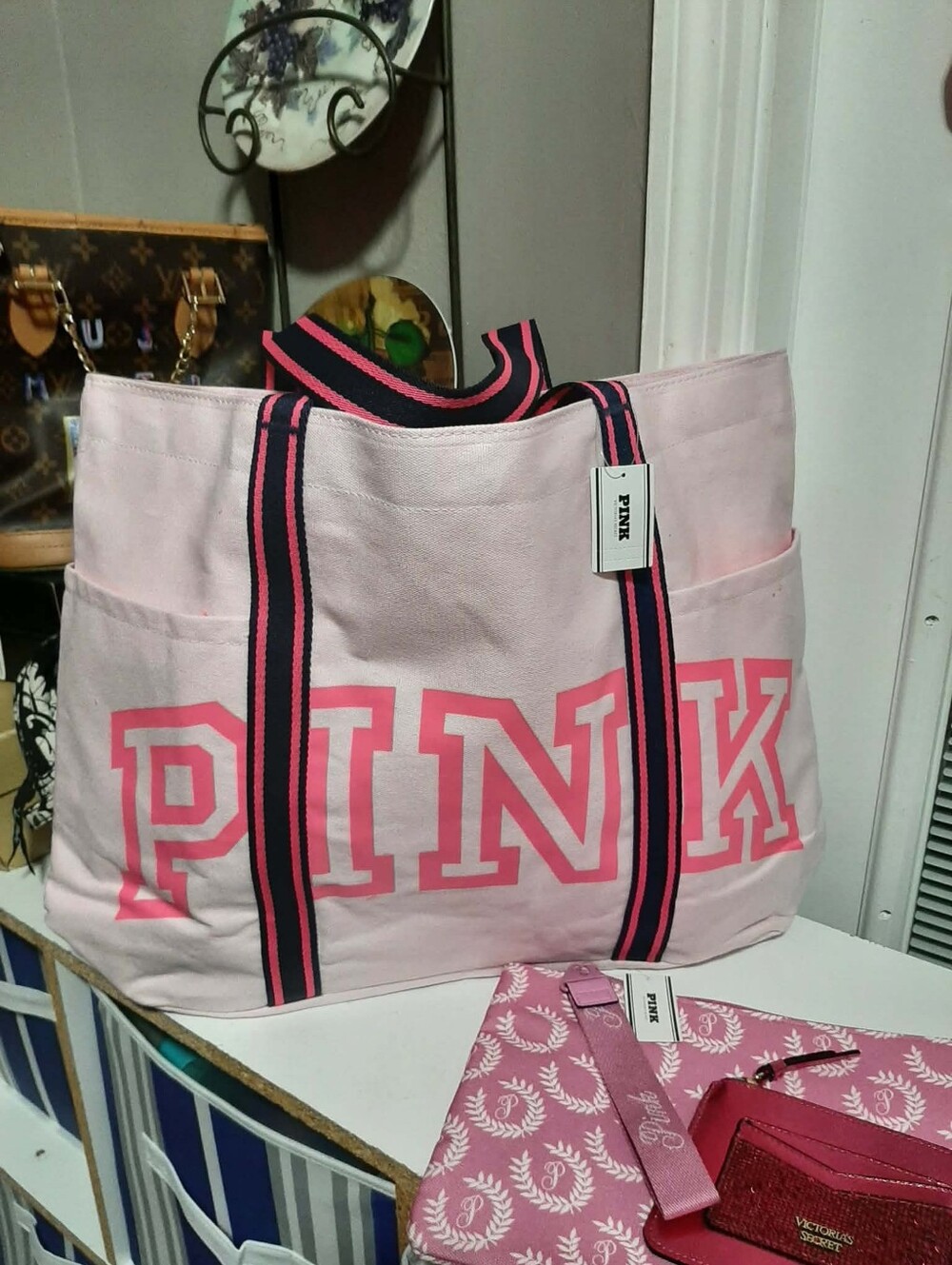 PINK x Victoria's Secret Light Pink Canvas "Varsity" Tote 3 Pc Set